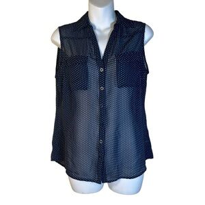 New York & Company sleeveless navy blue polka dot button-down top size M